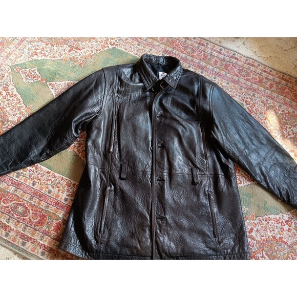 Men's vintage Steelwing dark brown long very soft leather coat L zip + button - Picture 1 of 8